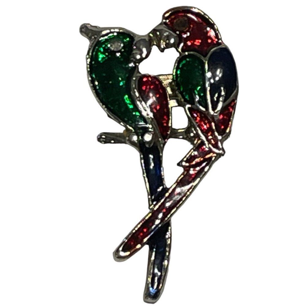 Enamel Love Birds Parrots Christmas Brooch Pin Red Green